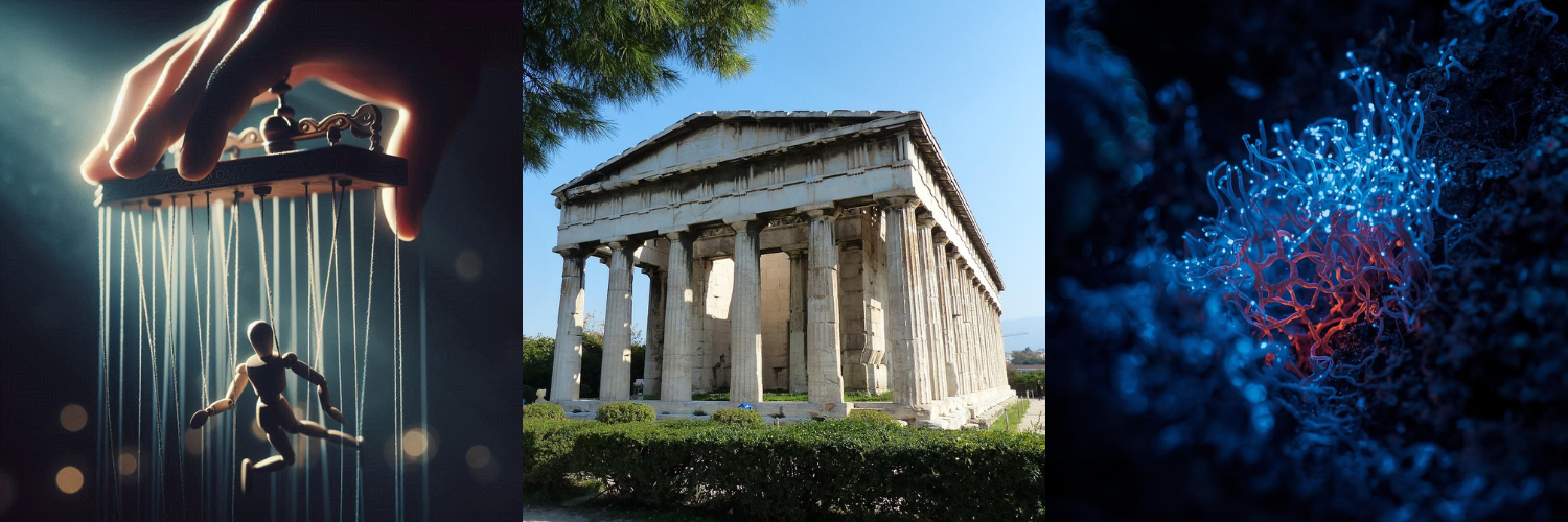 A conceptual image representing the collision between algorithmic attention capture and democratic deliberation.