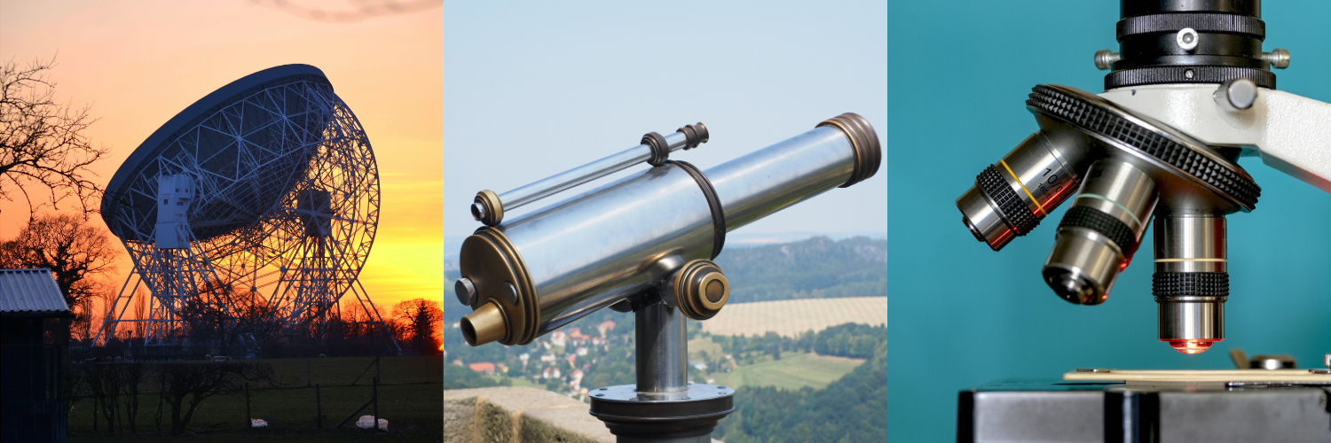 A conceptual triptych contrasting showing the progression of focus, from a Radio Telescope to a Microscope.